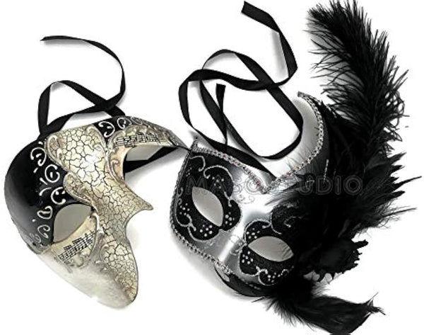 Black Silver Masquerade Ball Phantom Mask Pair for Christmas New Year Party